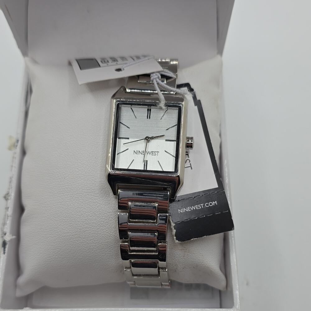 Nine West Women’s Analog Quartz Rectangle Silver Tone Bracelet Watch w/ Box